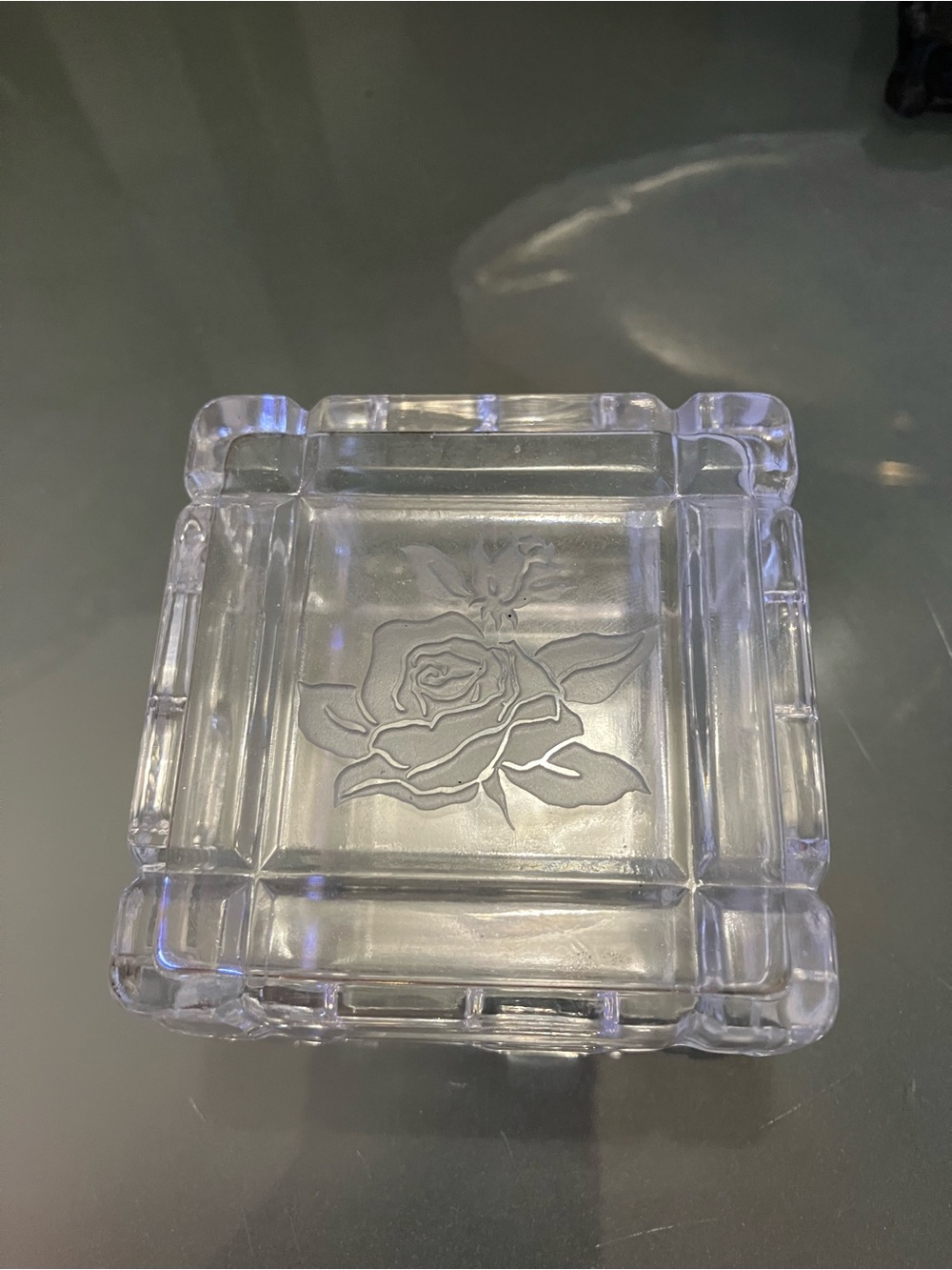 Clear Glass Rose-Engraved Decorative Trinket Box